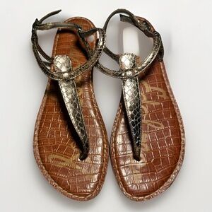 Sam Edelman Gg T-Strap Flat Sandals Metallic Copper Boa Texture Sz 8 GOOD COND